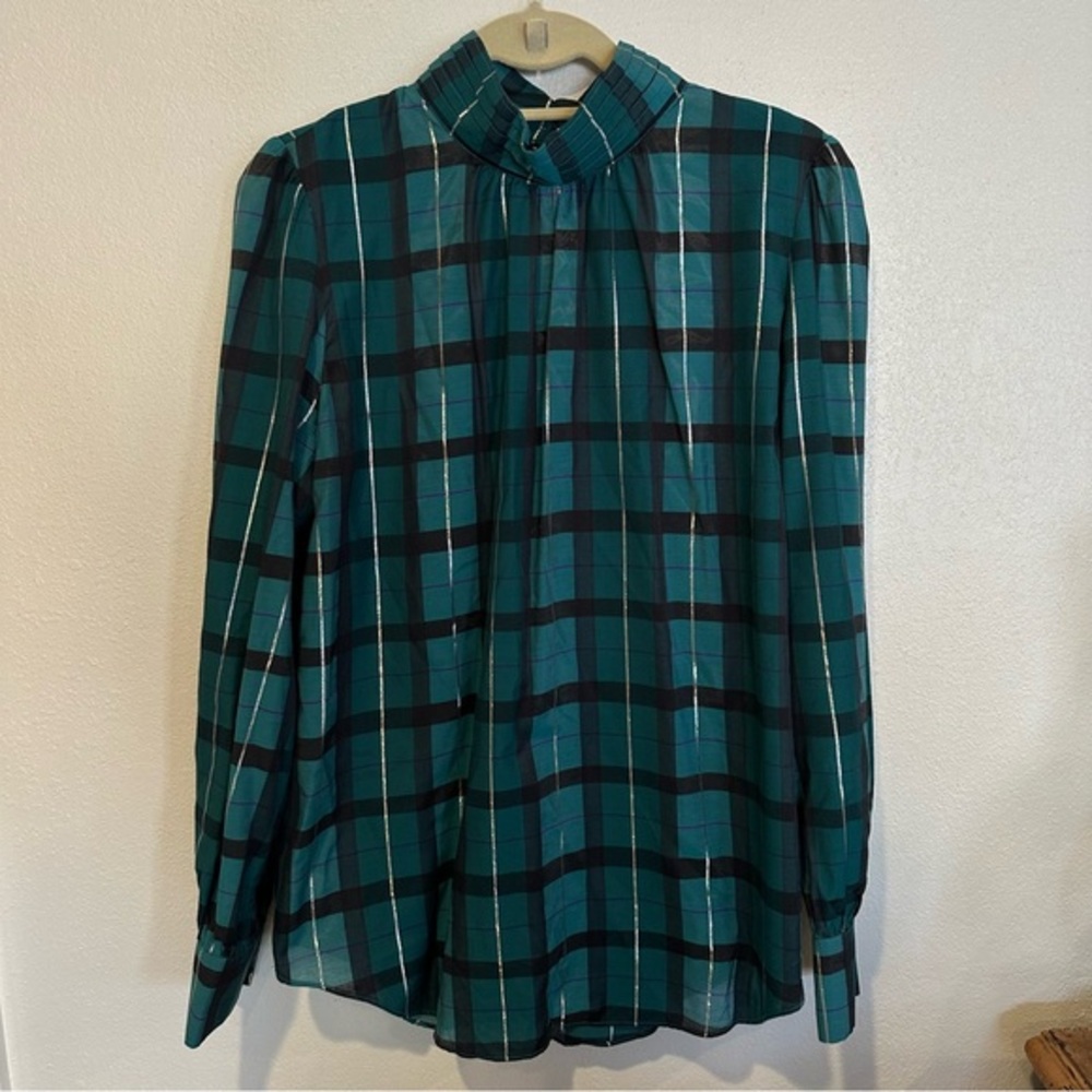 Ann Taylor Women’s Gree/Blue Holiday Christmas Plaid Women's Blouse Size MT